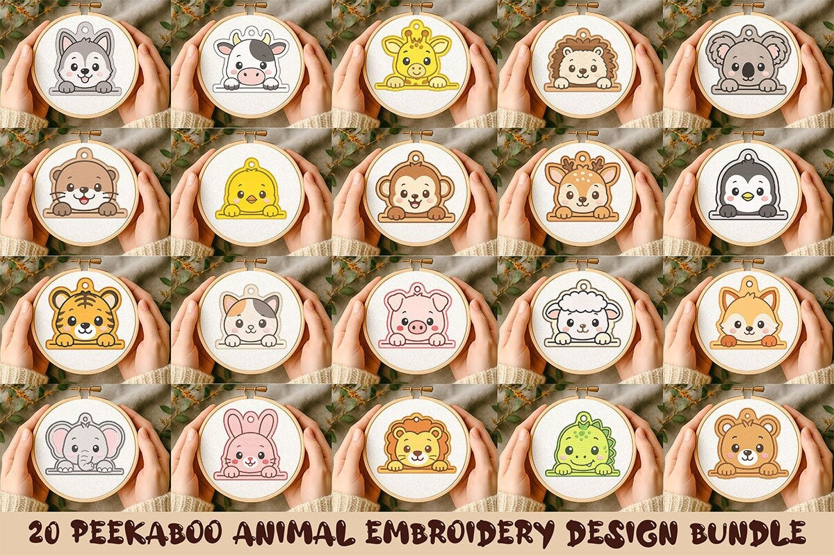 20 Peekaboo Animal Embroidery Bundle Files