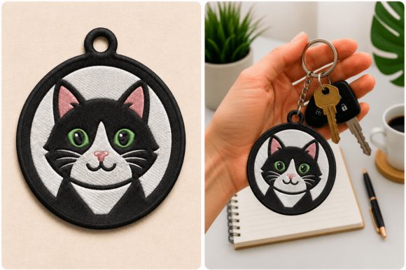Tuxedo Cat Keychain Design Embroidery Files