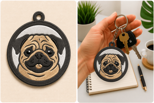 Pug Keychain Embroidery Design Files
